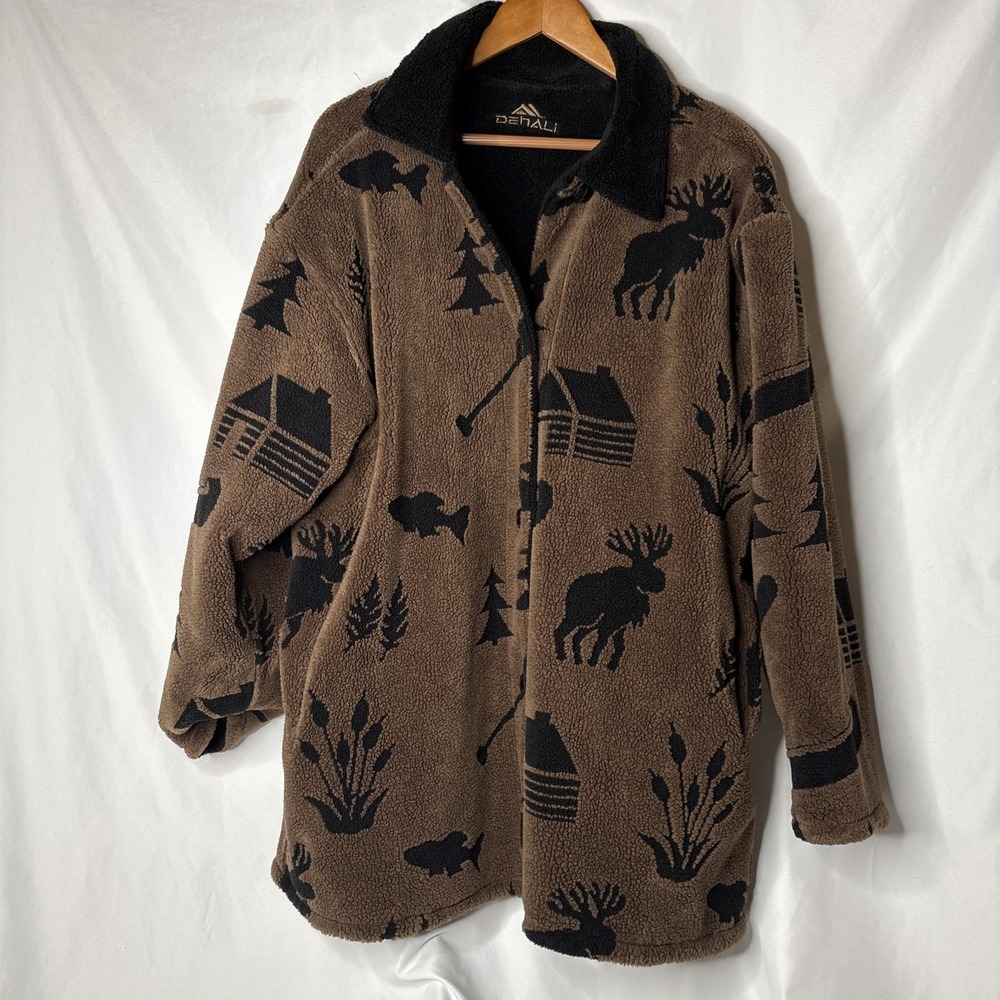 Vtg Denali‎ XL Reversible Fleece Coat Brown Black Wilderness Moose Canoe Read